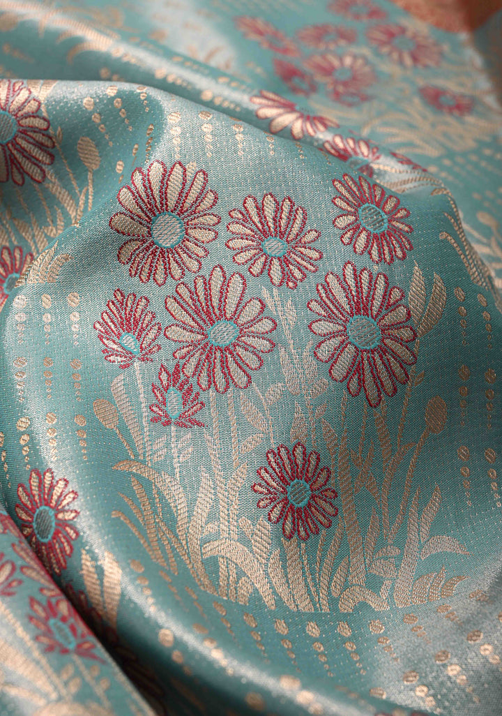 Celestial Blue Meenakari Kanjivaram Brocade Tissue Semi Silk Saree with Contrast Zari Border