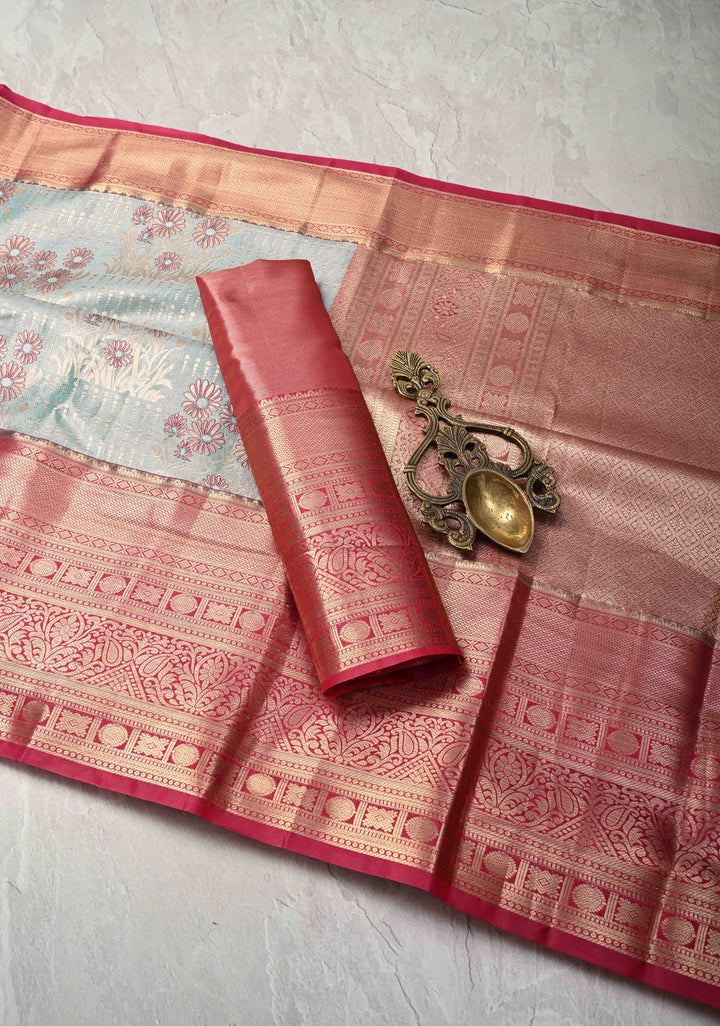 Celestial Blue Meenakari Kanjivaram Brocade Tissue Semi Silk Saree with Contrast Zari Border