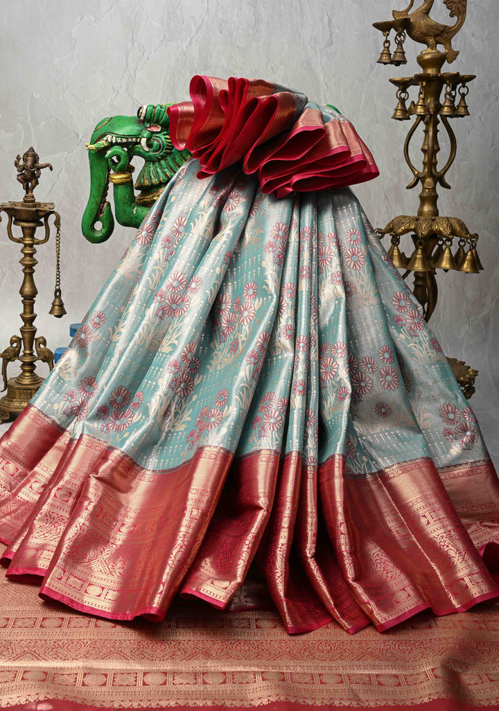 Celestial Blue Meenakari Kanjivaram Brocade Tissue Semi Silk Saree with Contrast Zari Border