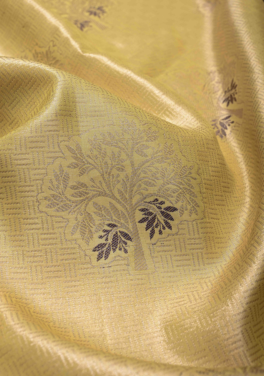 Pale Yellow Brocade on Kanjivaram Tissue Semi Silk Saree with Meenakari Buttas and Contrast Zari Border