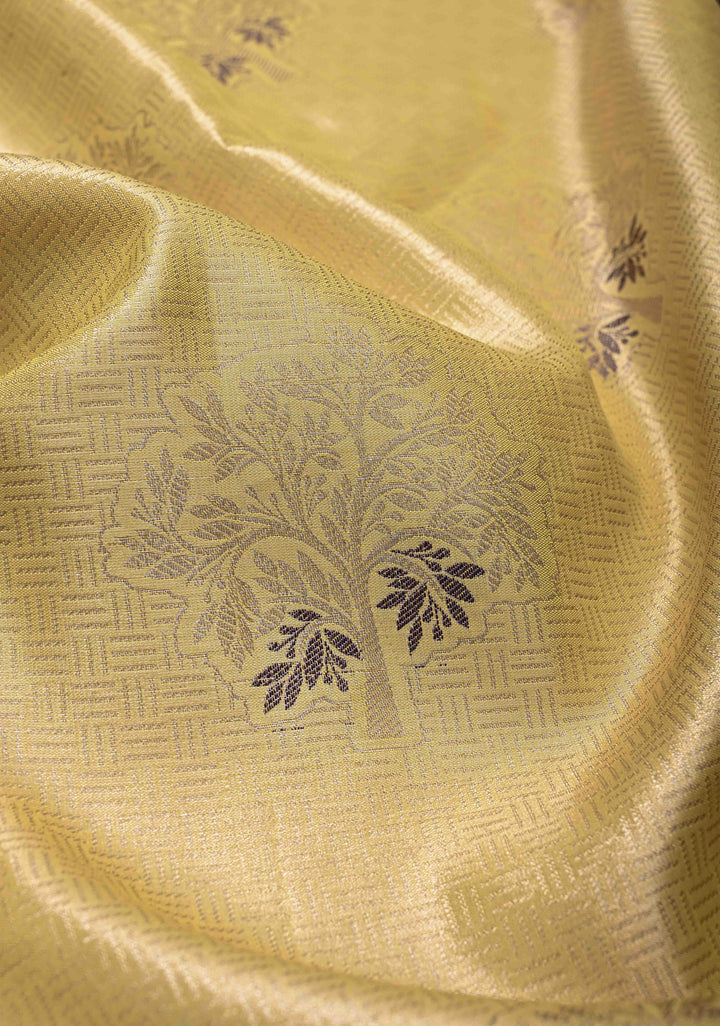 Pale Yellow Brocade on Kanjivaram Tissue Semi Silk Saree with Meenakari Buttas and Contrast Zari Border