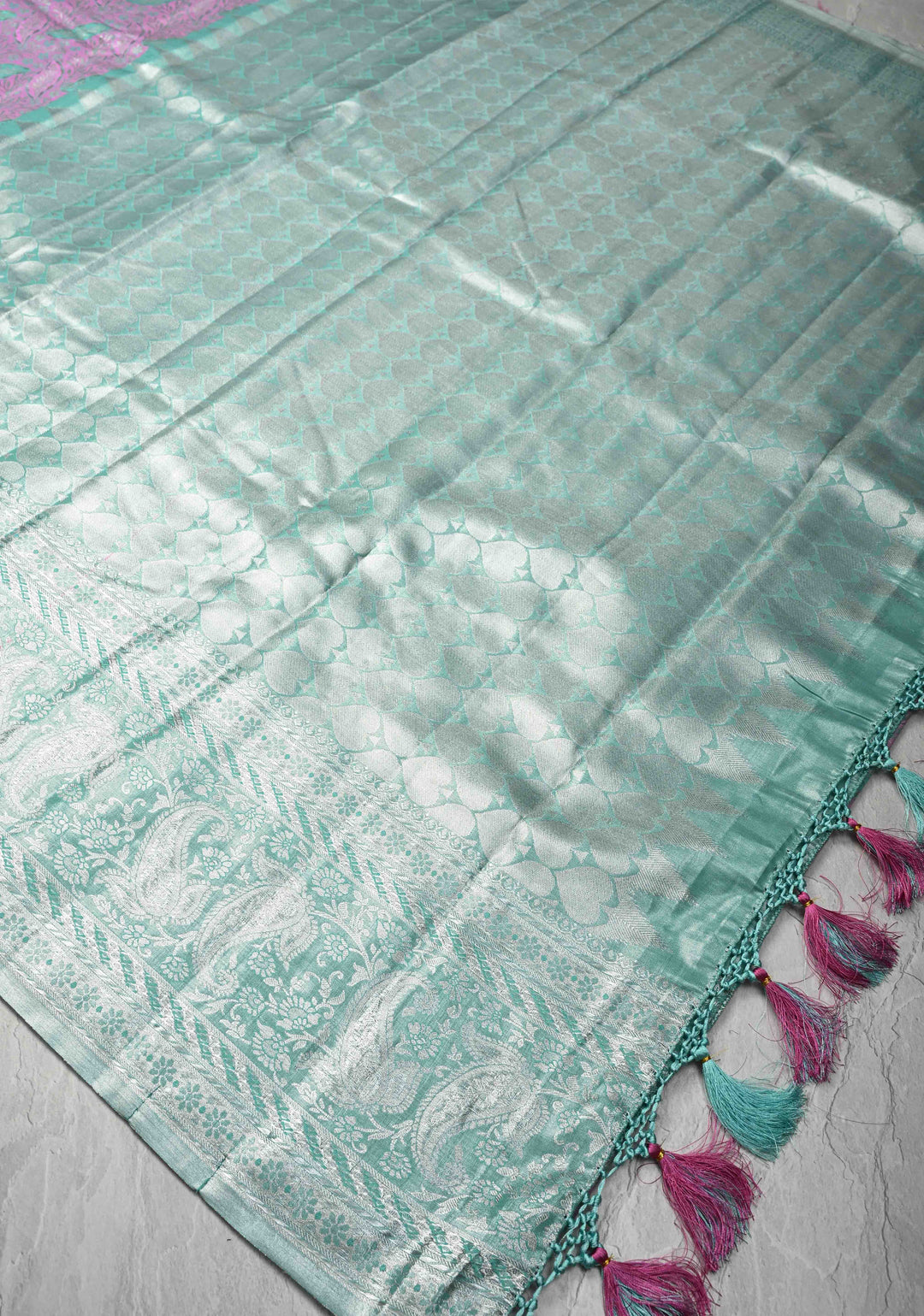 Pastel Pink Kanjivaram Tissue Semi Silk Saree with Meenakari Brocade and Zari Border