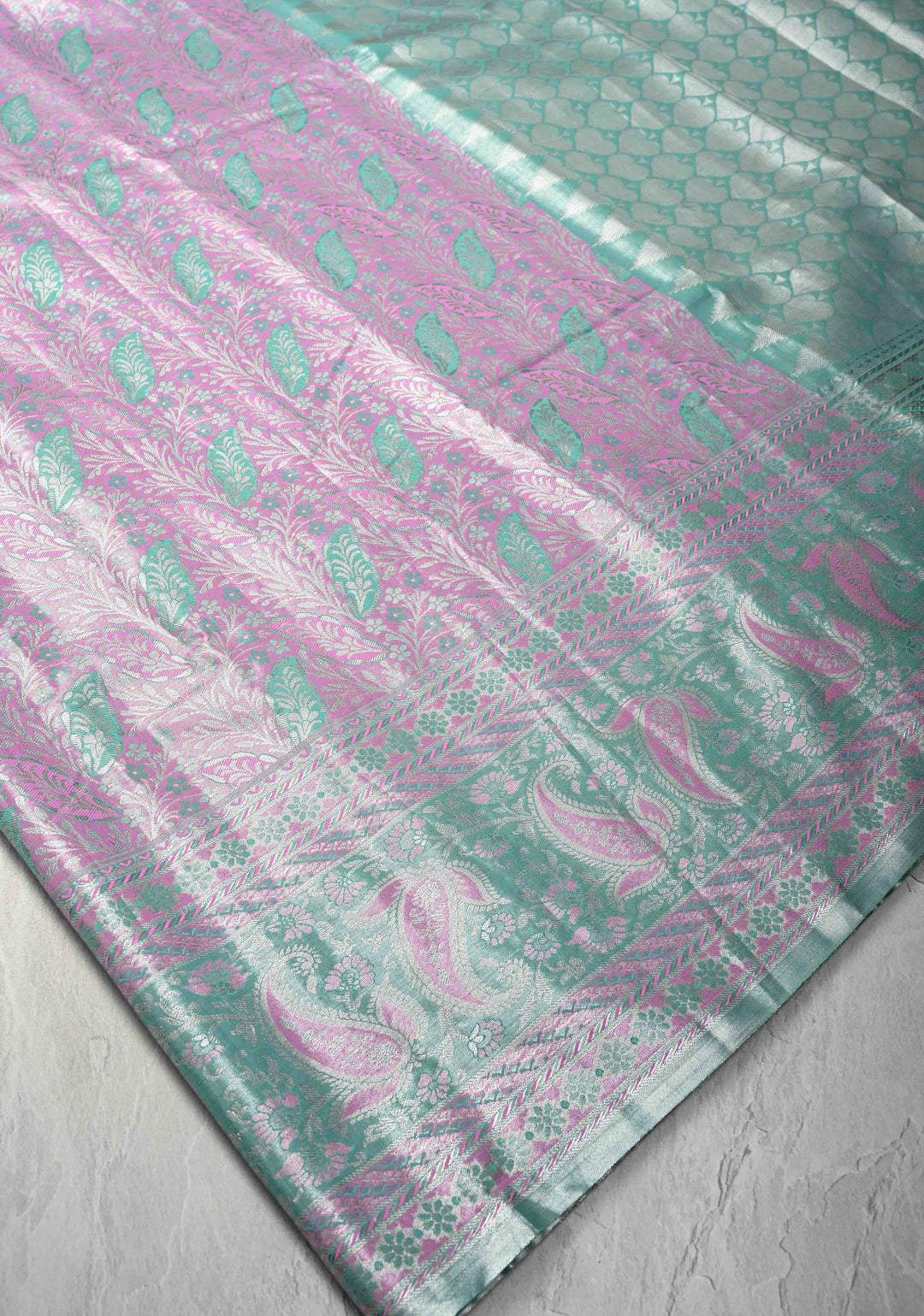 Pastel Pink Kanjivaram Tissue Semi Silk Saree with Meenakari Brocade and Zari Border