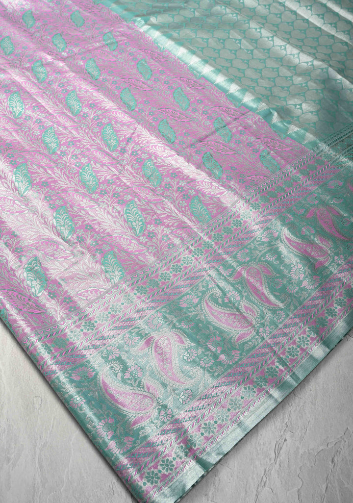 Pastel Pink Kanjivaram Tissue Semi Silk Saree with Meenakari Brocade and Zari Border