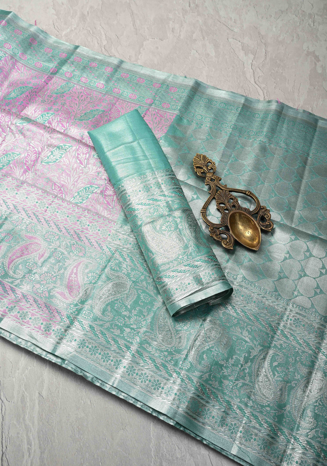 Pastel Pink Kanjivaram Tissue Semi Silk Saree with Meenakari Brocade and Zari Border
