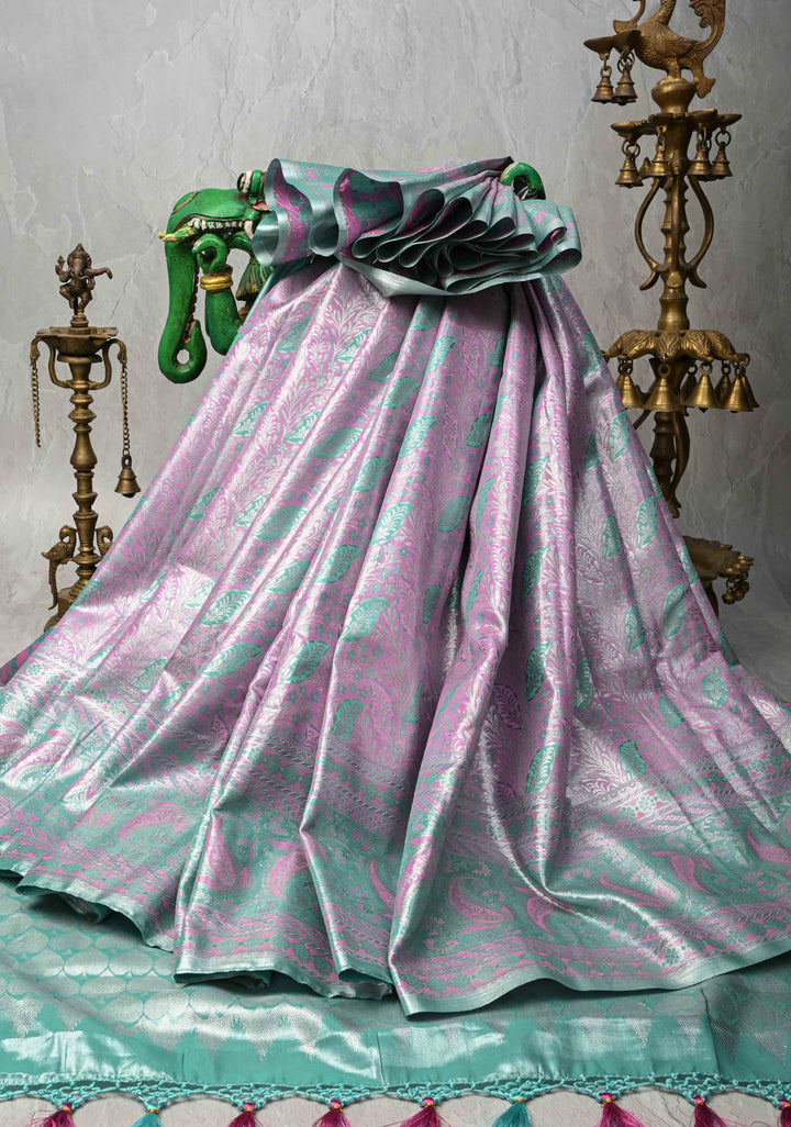 Pastel Pink Kanjivaram Tissue Semi Silk Saree with Meenakari Brocade and Zari Border