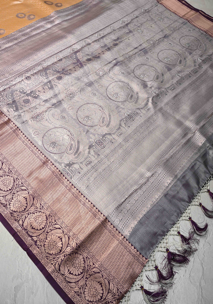Mustard Yellow Brocade on Kanjivaram Tissue Semi Silk Saree with Meenakari Buttas and Contrast Zari Border