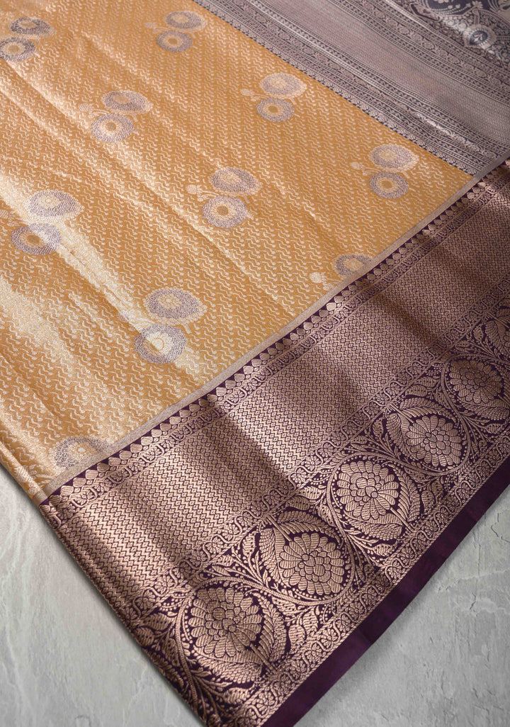 Mustard Yellow Brocade on Kanjivaram Tissue Semi Silk Saree with Meenakari Buttas and Contrast Zari Border