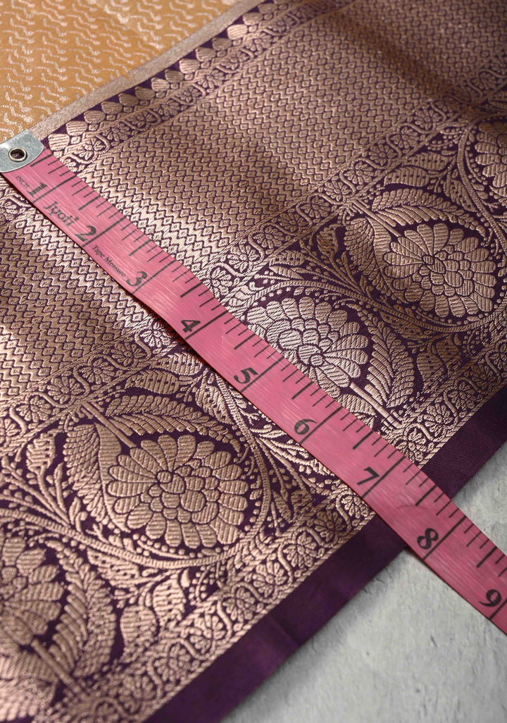 Mustard Yellow Brocade on Kanjivaram Tissue Semi Silk Saree with Meenakari Buttas and Contrast Zari Border