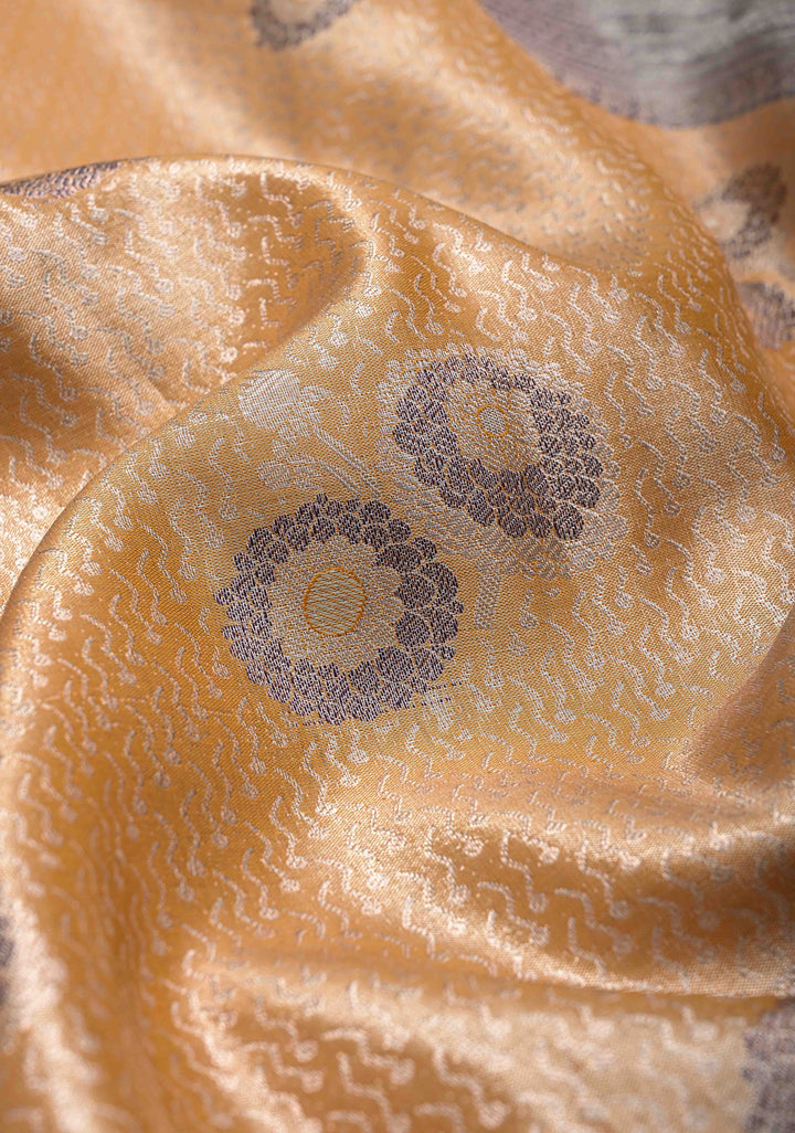 Mustard Yellow Brocade on Kanjivaram Tissue Semi Silk Saree with Meenakari Buttas and Contrast Zari Border