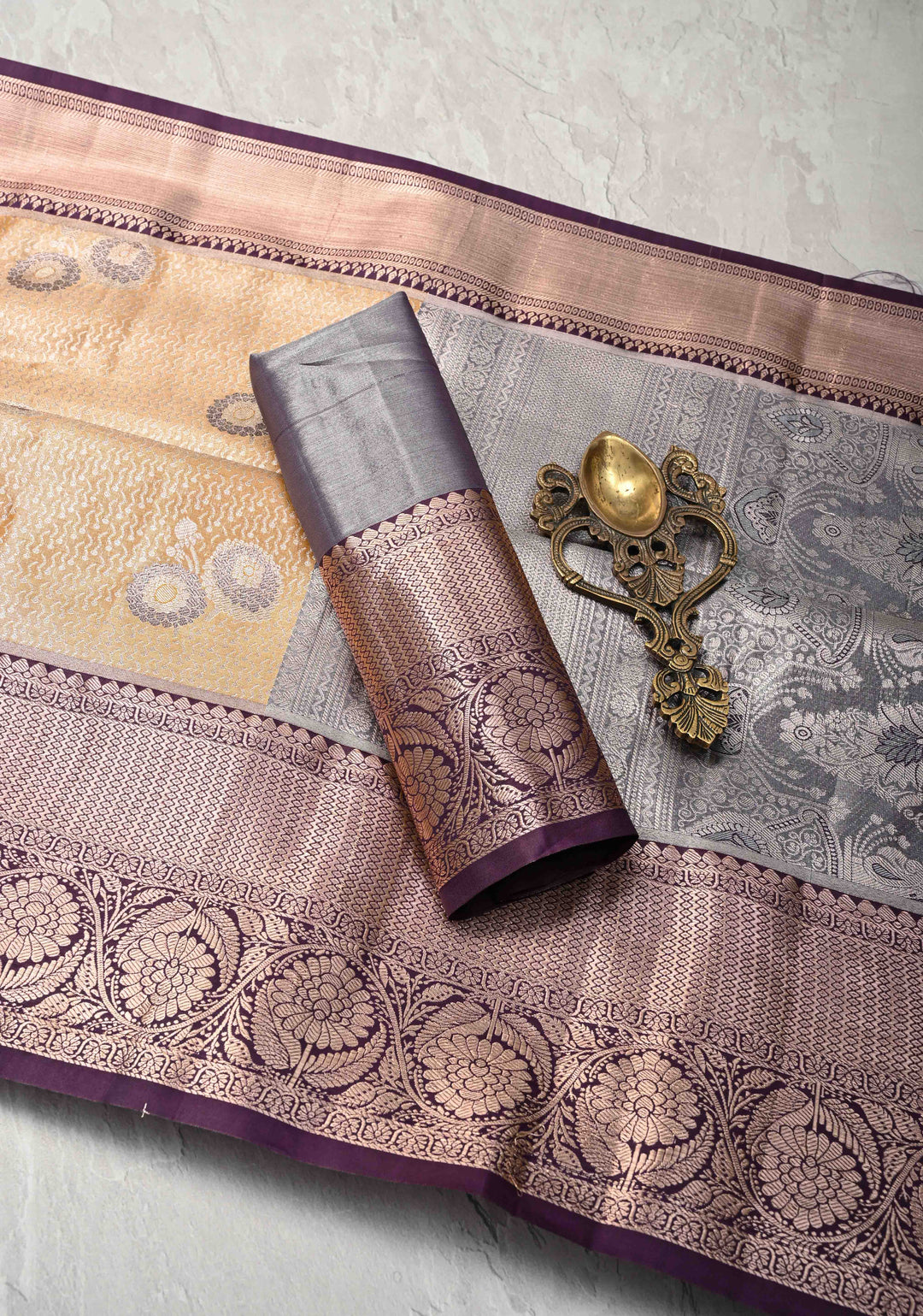 Mustard Yellow Brocade on Kanjivaram Tissue Semi Silk Saree with Meenakari Buttas and Contrast Zari Border
