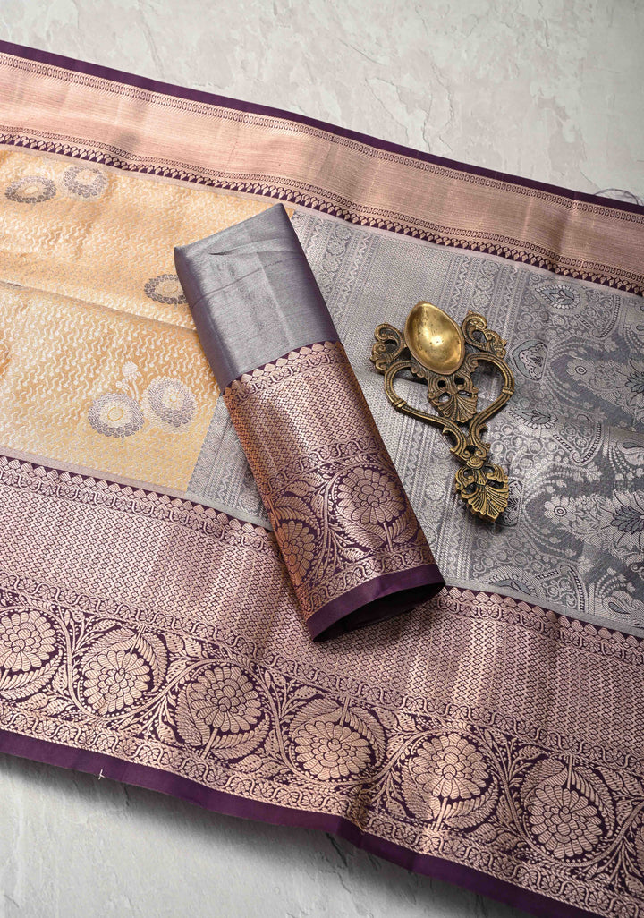 Mustard Yellow Brocade on Kanjivaram Tissue Semi Silk Saree with Meenakari Buttas and Contrast Zari Border