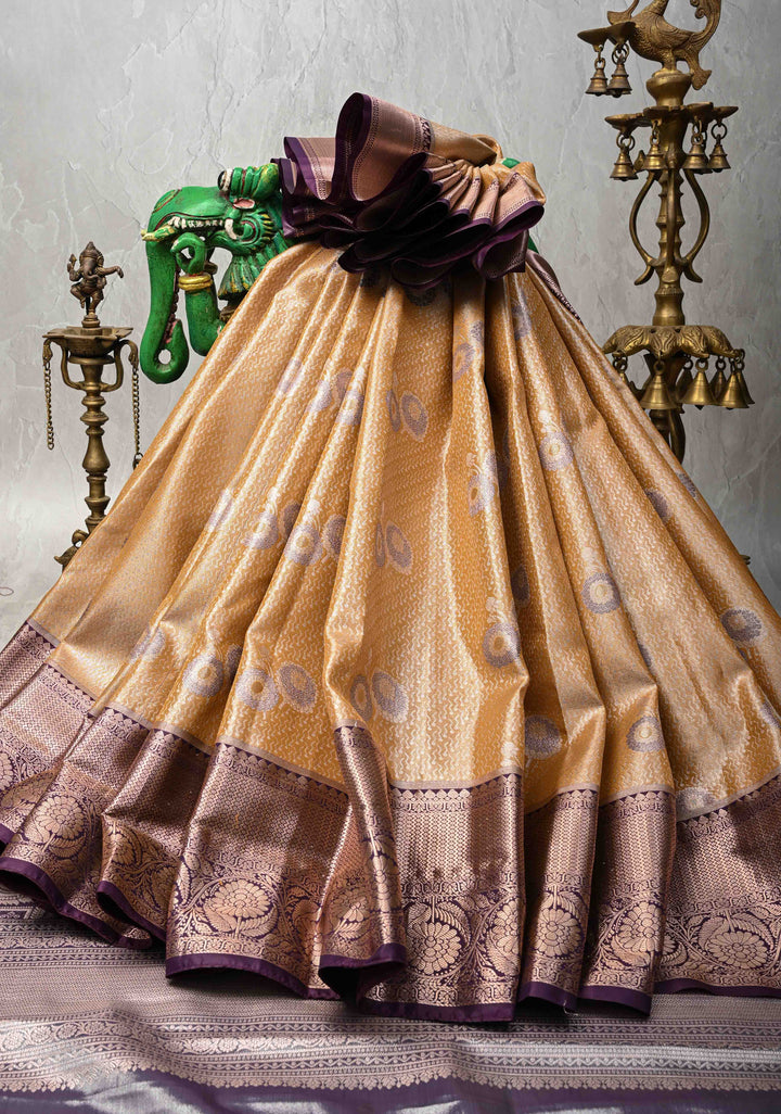 Mustard Yellow Brocade on Kanjivaram Tissue Semi Silk Saree with Meenakari Buttas and Contrast Zari Border