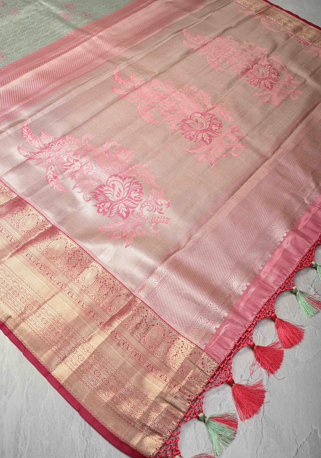 Sage Green Floral Brocade on Kanjivaram Tissue Semi Silk Saree with Meenakari Buttas and Contrast Zari Border