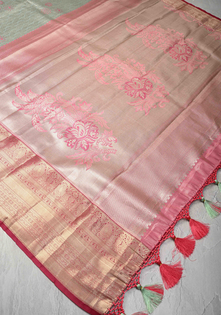 Sage Green Floral Brocade on Kanjivaram Tissue Semi Silk Saree with Meenakari Buttas and Contrast Zari Border