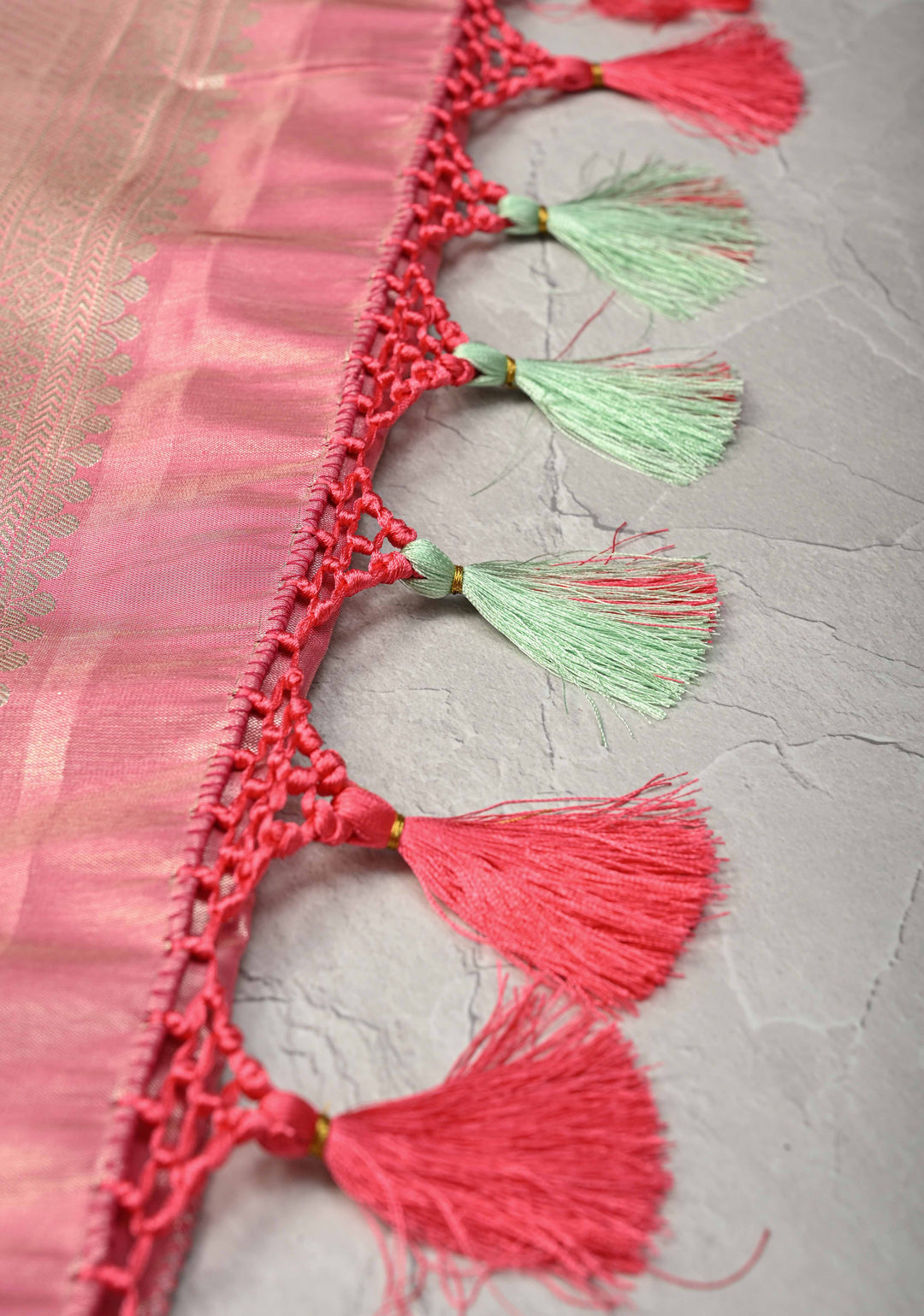 Sage Green Floral Brocade on Kanjivaram Tissue Semi Silk Saree with Meenakari Buttas and Contrast Zari Border