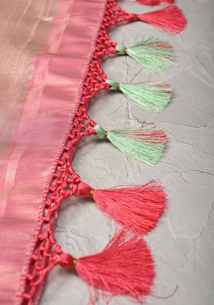 Sage Green Floral Brocade on Kanjivaram Tissue Semi Silk Saree with Meenakari Buttas and Contrast Zari Border