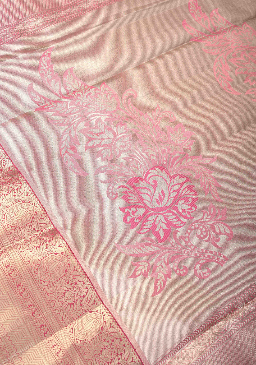 Sage Green Floral Brocade on Kanjivaram Tissue Semi Silk Saree with Meenakari Buttas and Contrast Zari Border