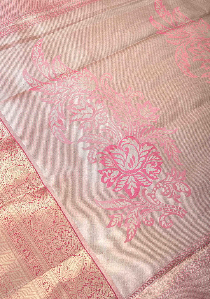 Sage Green Floral Brocade on Kanjivaram Tissue Semi Silk Saree with Meenakari Buttas and Contrast Zari Border