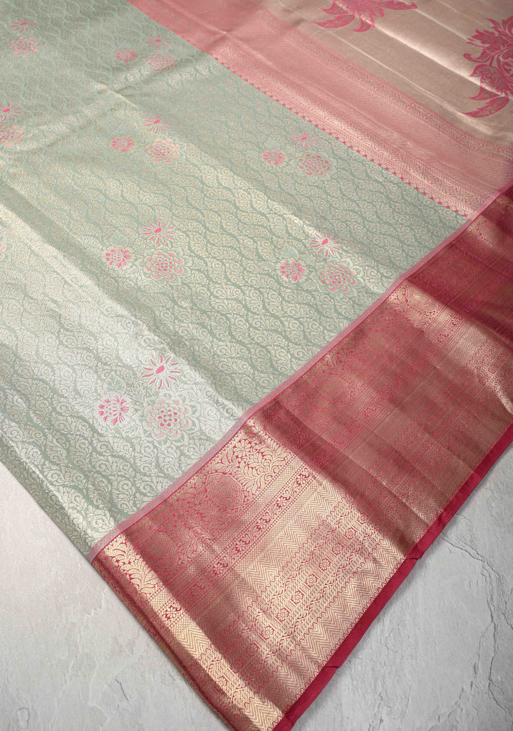 Sage Green Floral Brocade on Kanjivaram Tissue Semi Silk Saree with Meenakari Buttas and Contrast Zari Border