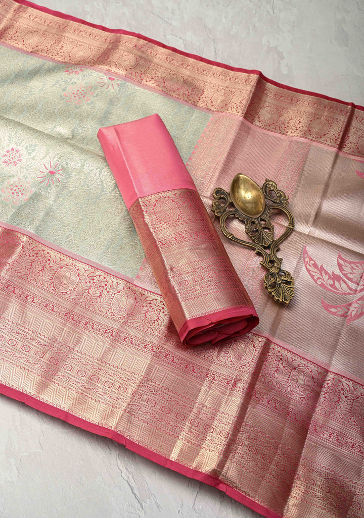 Sage Green Floral Brocade on Kanjivaram Tissue Semi Silk Saree with Meenakari Buttas and Contrast Zari Border