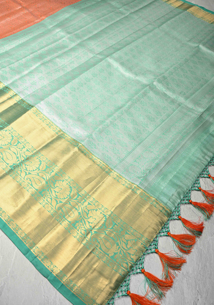 Coral Orange Kanjivaram Tissue Semi Silk Saree with Meenakari Brocade Jaal and Contrast Wide Zari Border