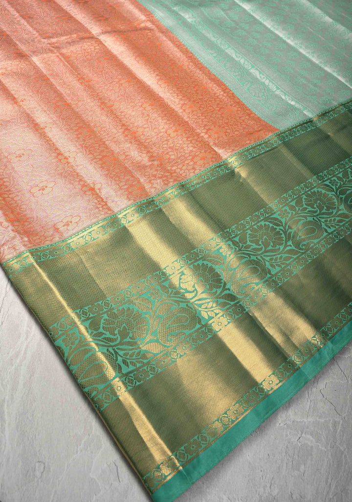 Coral Orange Kanjivaram Tissue Semi Silk Saree with Meenakari Brocade Jaal and Contrast Wide Zari Border