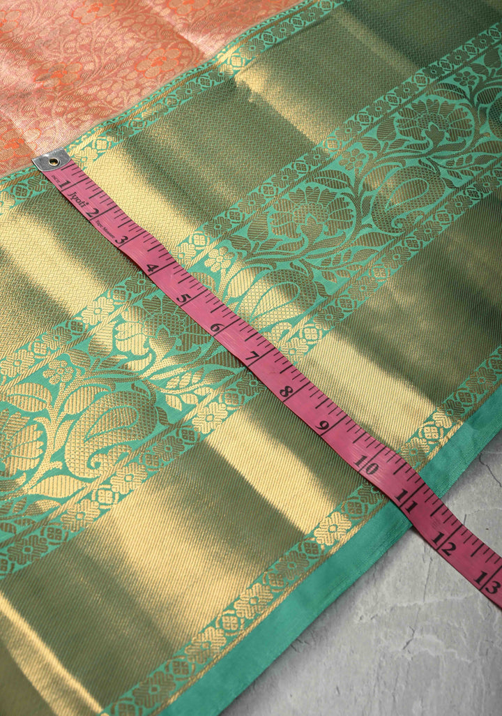Coral Orange Kanjivaram Tissue Semi Silk Saree with Meenakari Brocade Jaal and Contrast Wide Zari Border