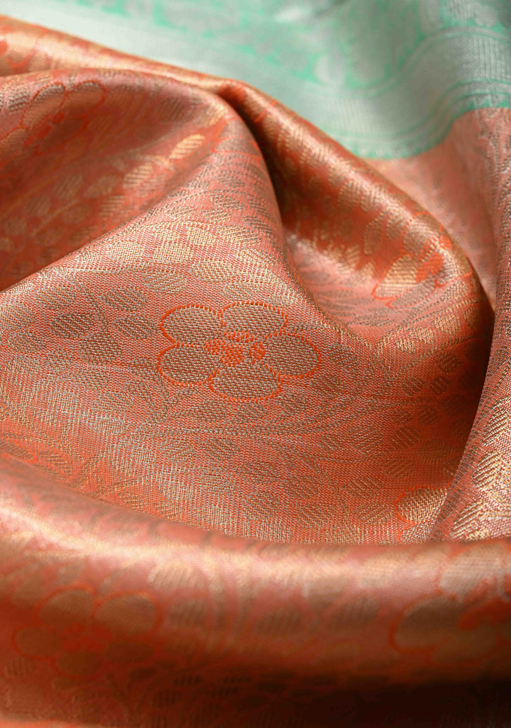 Coral Orange Kanjivaram Tissue Semi Silk Saree with Meenakari Brocade Jaal and Contrast Wide Zari Border