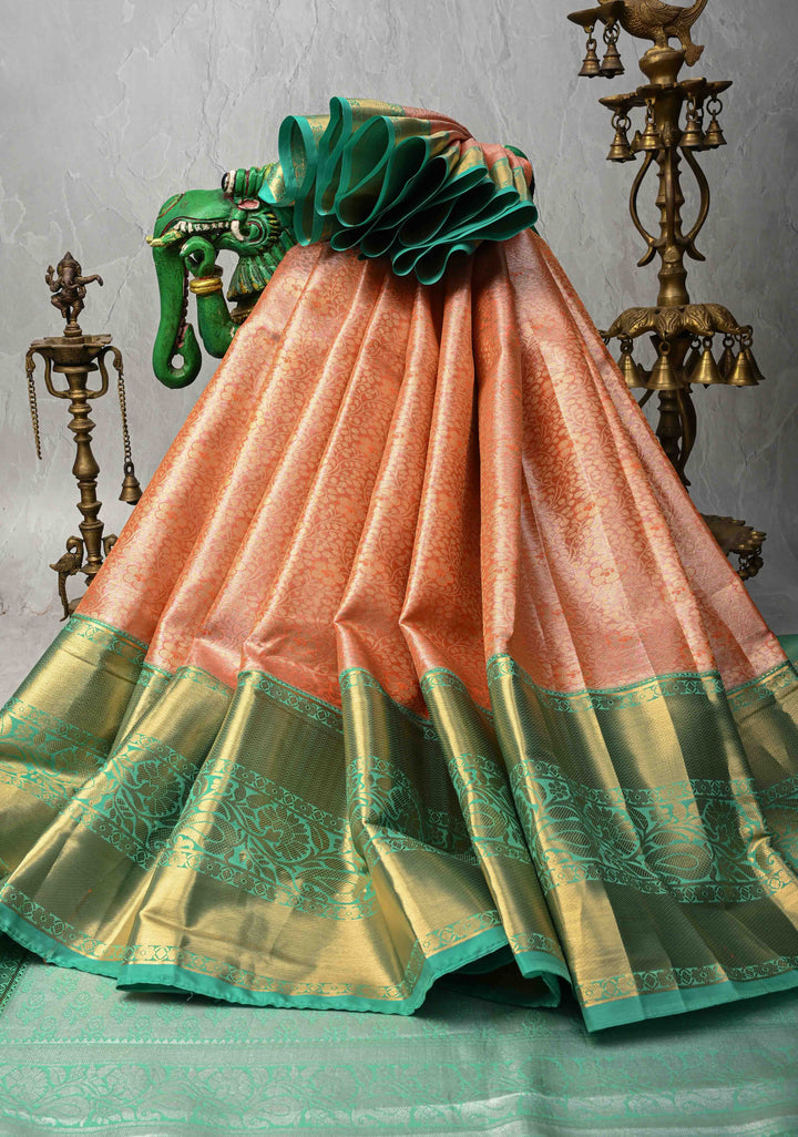 Coral Orange Kanjivaram Tissue Semi Silk Saree with Meenakari Brocade Jaal and Contrast Wide Zari Border