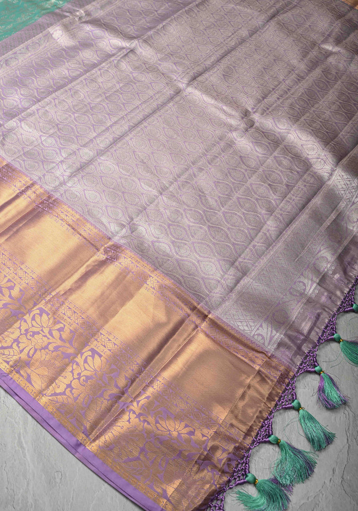 Seafoam Green Kanjivaram Tissue Semi Silk Saree with Floral Brocade and Contrast Zari Border