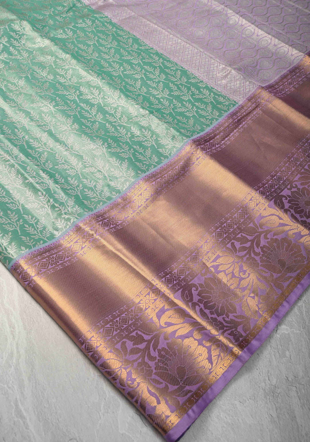 Seafoam Green Kanjivaram Tissue Semi Silk Saree with Floral Brocade and Contrast Zari Border