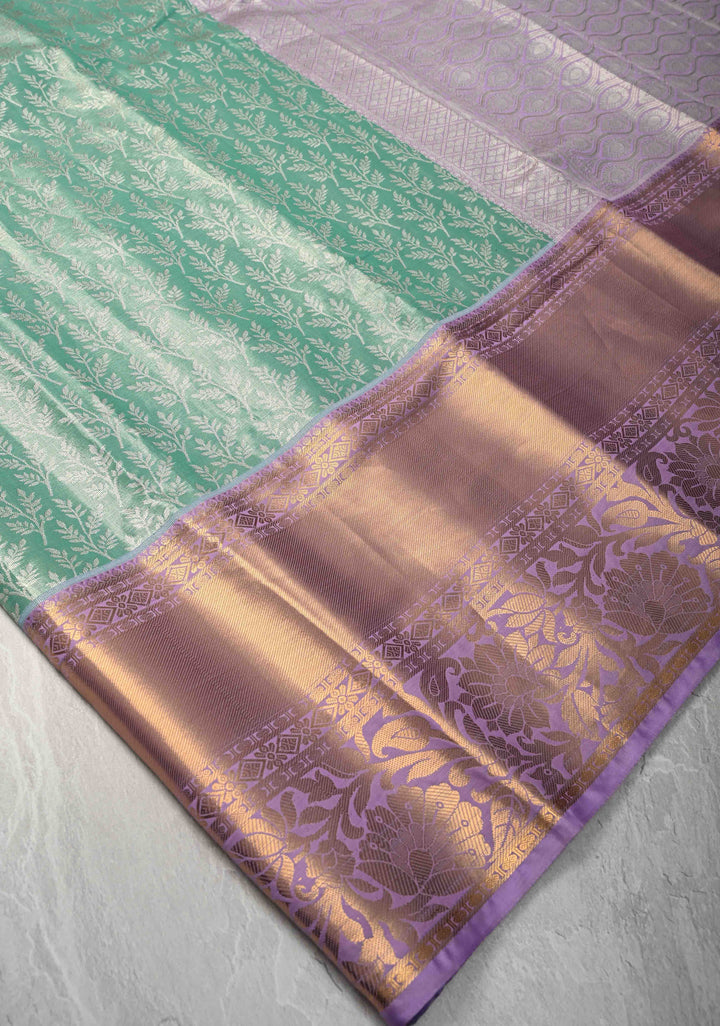 Seafoam Green Kanjivaram Tissue Semi Silk Saree with Floral Brocade and Contrast Zari Border