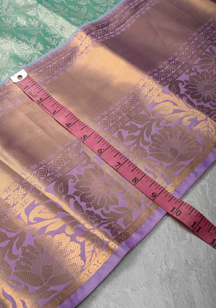Seafoam Green Kanjivaram Tissue Semi Silk Saree with Floral Brocade and Contrast Zari Border