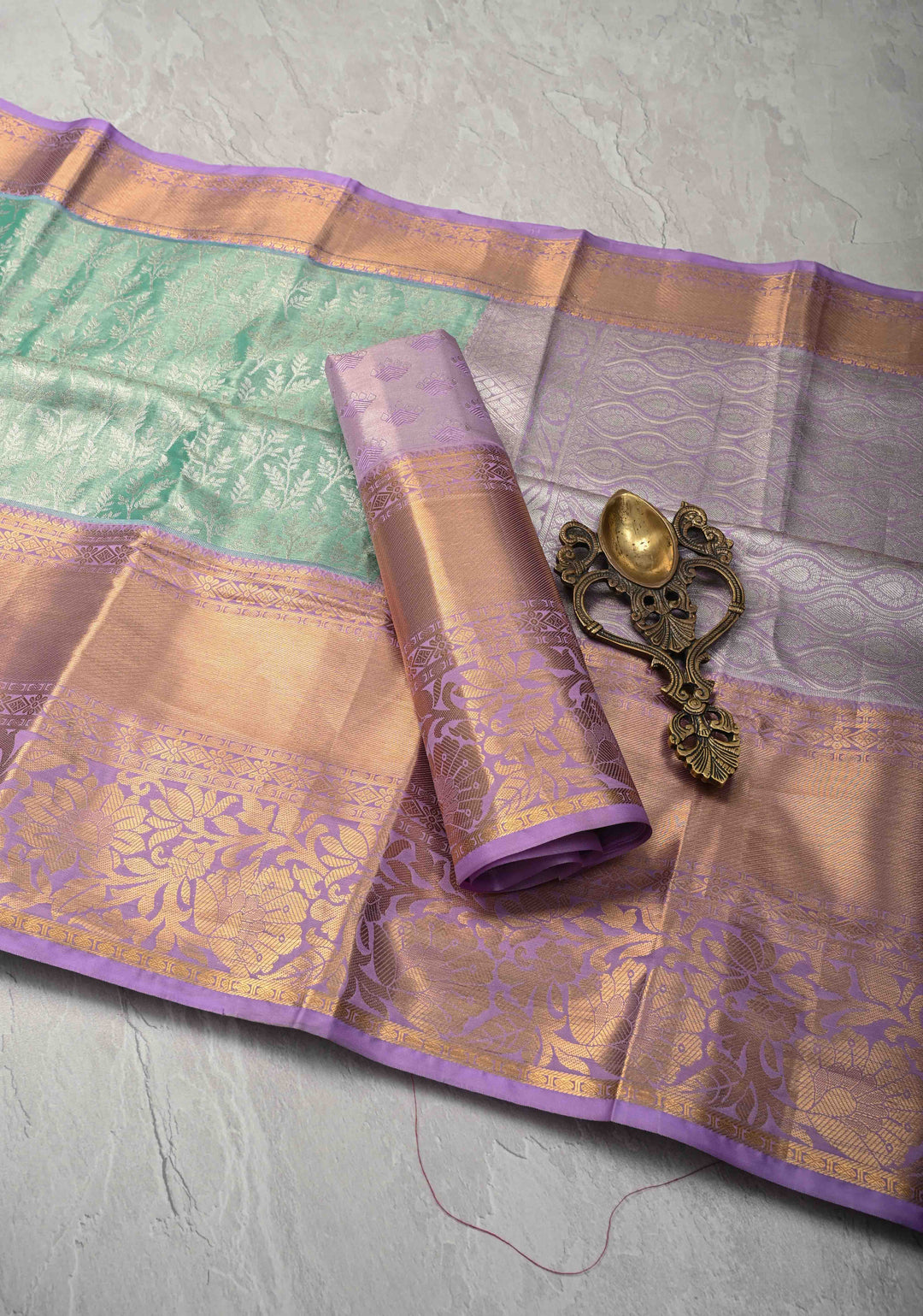 Seafoam Green Kanjivaram Tissue Semi Silk Saree with Floral Brocade and Contrast Zari Border