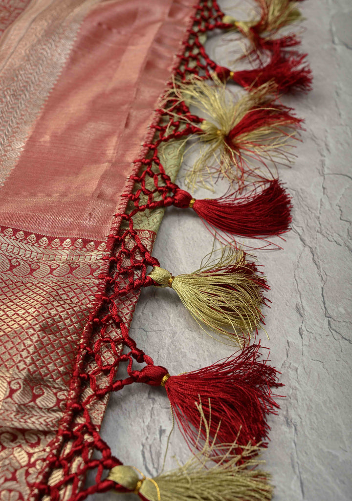 Lemon Green  Brocade Jaal on Kanjivaram Tissue Semi Silk Saree with Meenakari Buttas and Contrast Zari Border