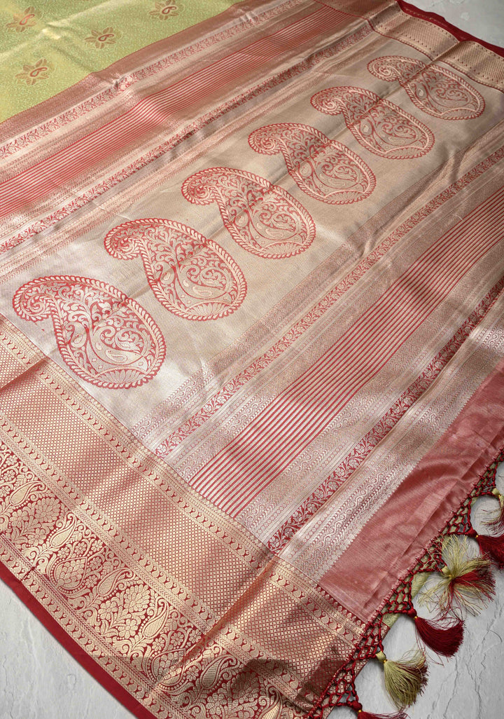 Lemon Green  Brocade Jaal on Kanjivaram Tissue Semi Silk Saree with Meenakari Buttas and Contrast Zari Border