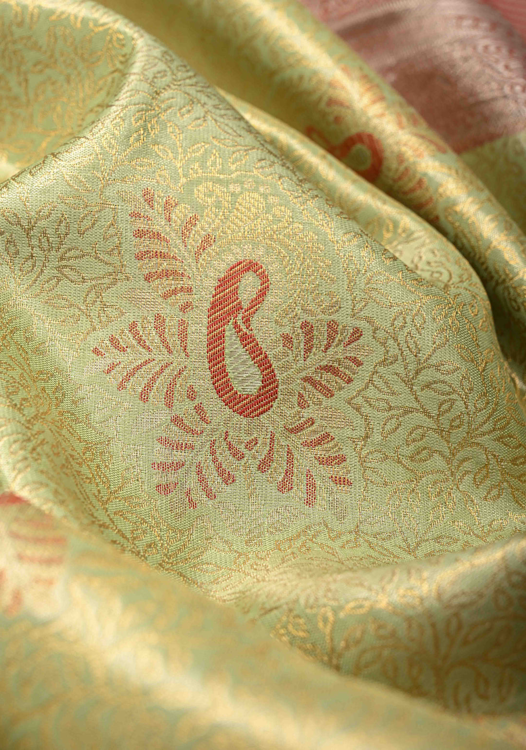 Lemon Green  Brocade Jaal on Kanjivaram Tissue Semi Silk Saree with Meenakari Buttas and Contrast Zari Border