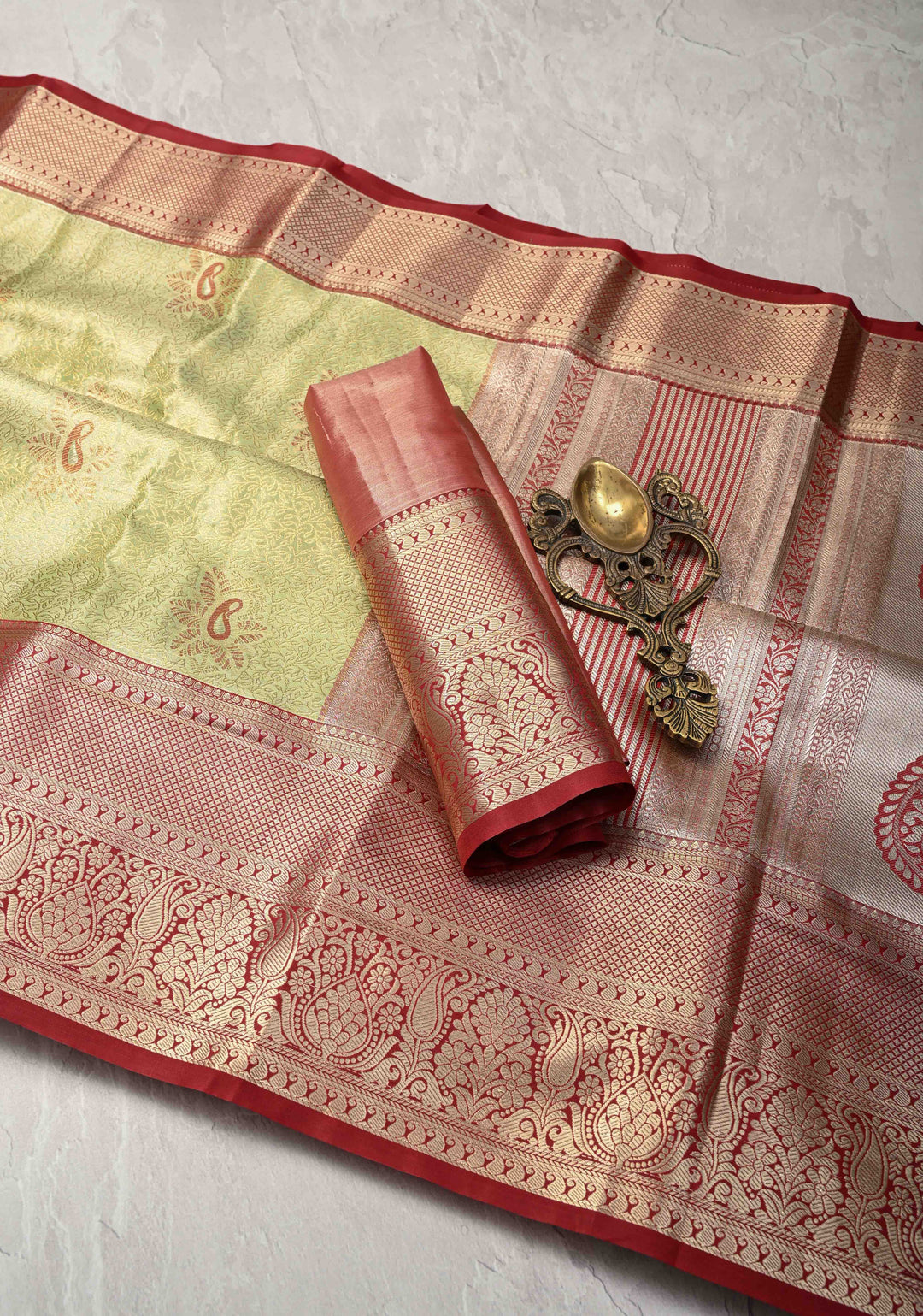 Lemon Green  Brocade Jaal on Kanjivaram Tissue Semi Silk Saree with Meenakari Buttas and Contrast Zari Border