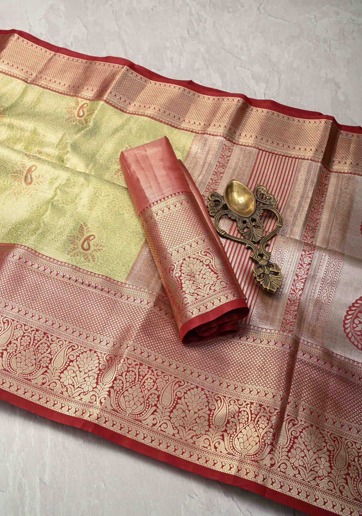 Lemon Green  Brocade Jaal on Kanjivaram Tissue Semi Silk Saree with Meenakari Buttas and Contrast Zari Border