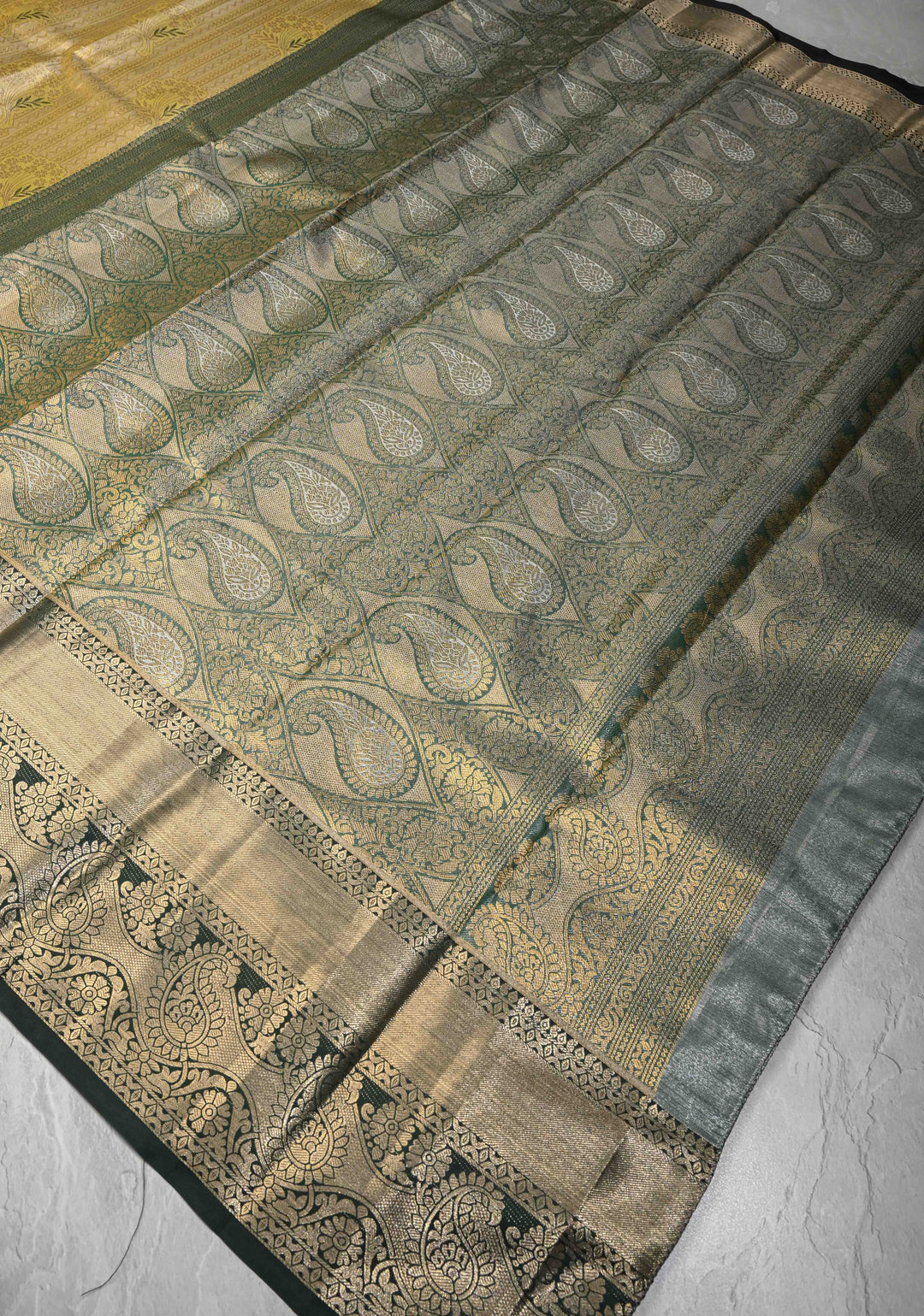 Yellow Meenakari on Kanjivaram Tissue Semi Silk Saree with Zari Stripes and Contrast Zari Border