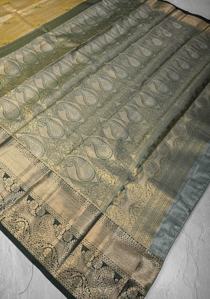 Yellow Meenakari on Kanjivaram Tissue Semi Silk Saree with Zari Stripes and Contrast Zari Border