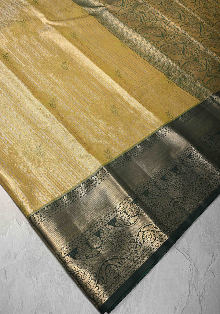 Yellow Meenakari on Kanjivaram Tissue Semi Silk Saree with Zari Stripes and Contrast Zari Border