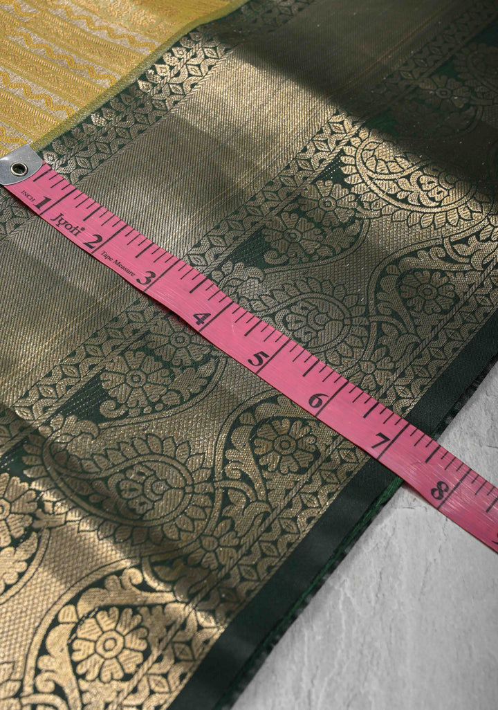 Yellow Meenakari on Kanjivaram Tissue Semi Silk Saree with Zari Stripes and Contrast Zari Border