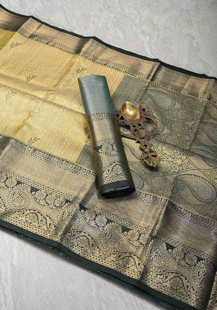Yellow Meenakari on Kanjivaram Tissue Semi Silk Saree with Zari Stripes and Contrast Zari Border