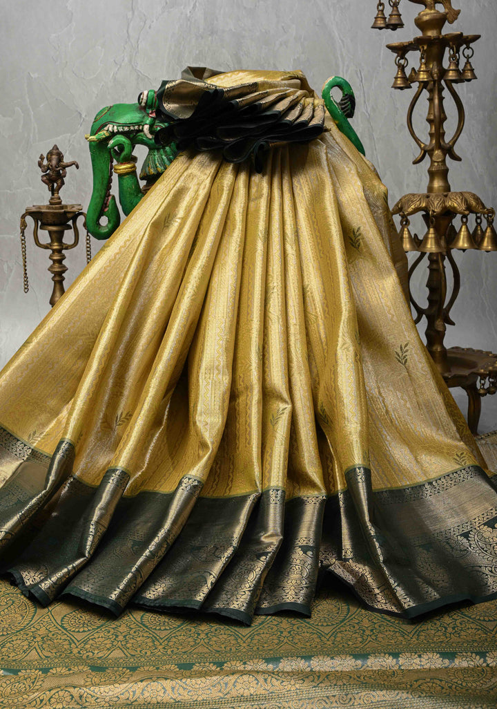 Yellow Meenakari on Kanjivaram Tissue Semi Silk Saree with Zari Stripes and Contrast Zari Border