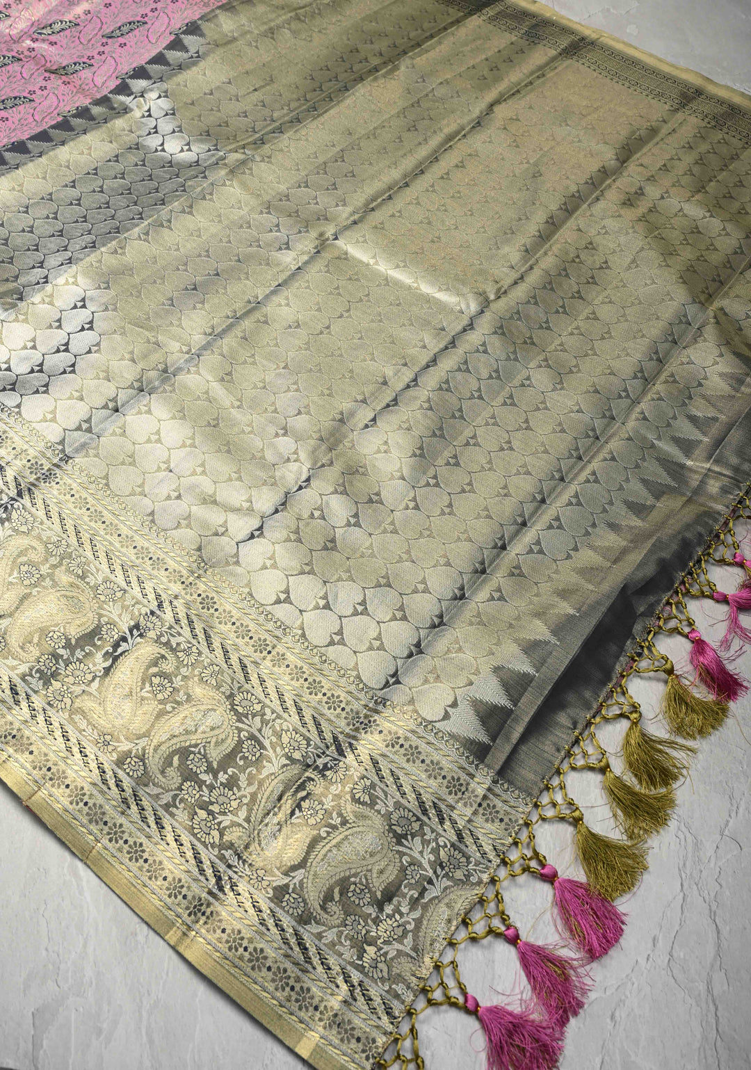 Baby Pink Kanjivaram Tissue Semi Silk Saree with Meenakari Brocade and Zari Border
