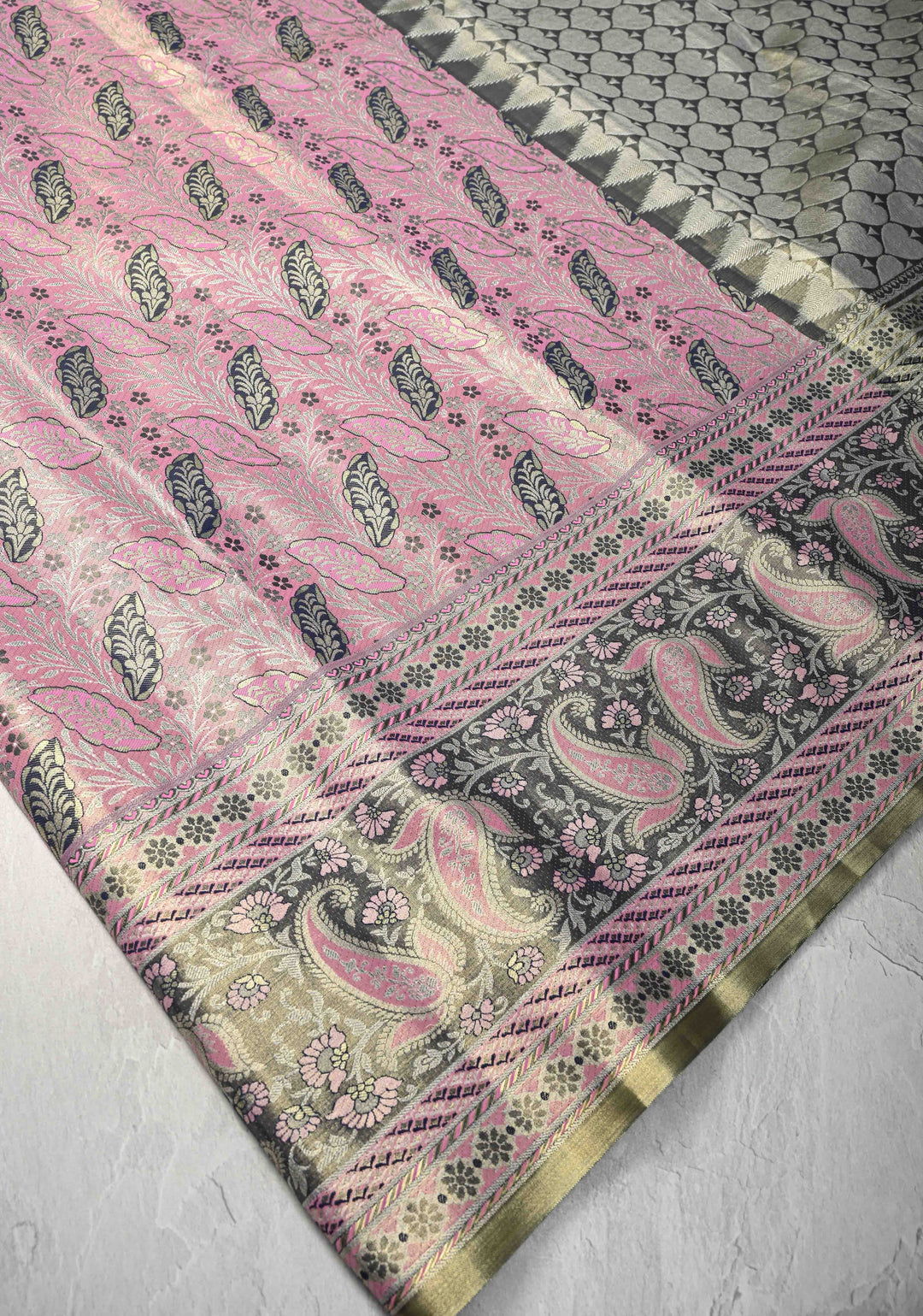Baby Pink Kanjivaram Tissue Semi Silk Saree with Meenakari Brocade and Zari Border