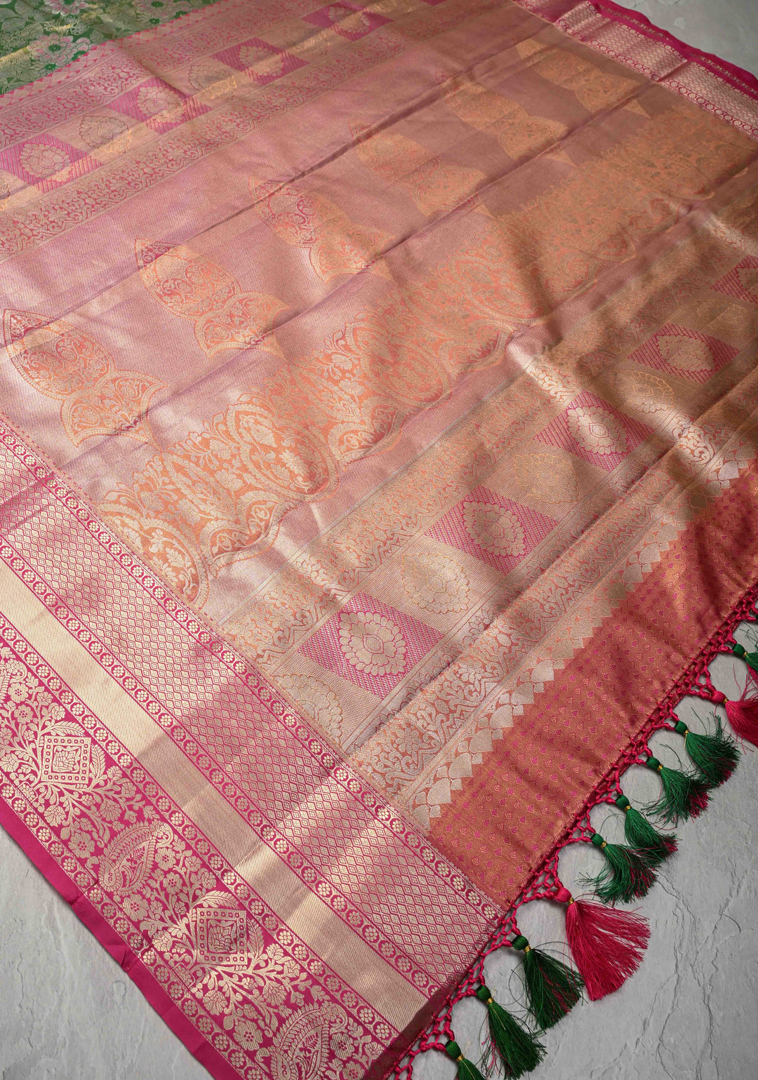 Green Dual Tone Meenakari Kanjivaram Brocade Tissue Semi Silk Saree with Contrast Zari Border