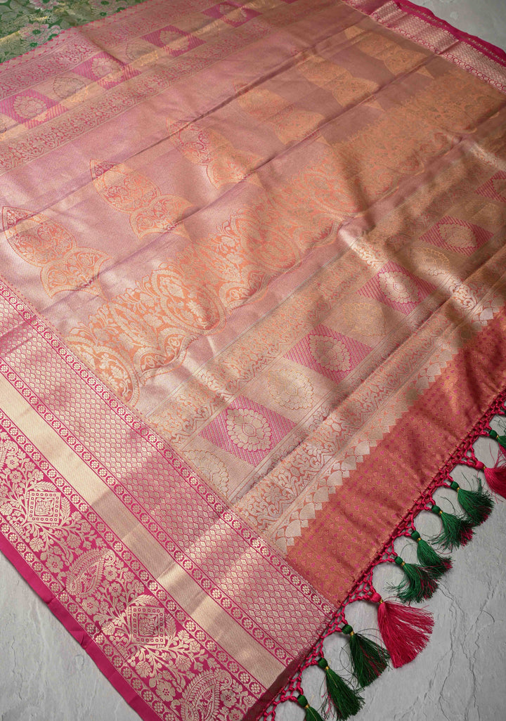 Green Dual Tone Meenakari Kanjivaram Brocade Tissue Semi Silk Saree with Contrast Zari Border